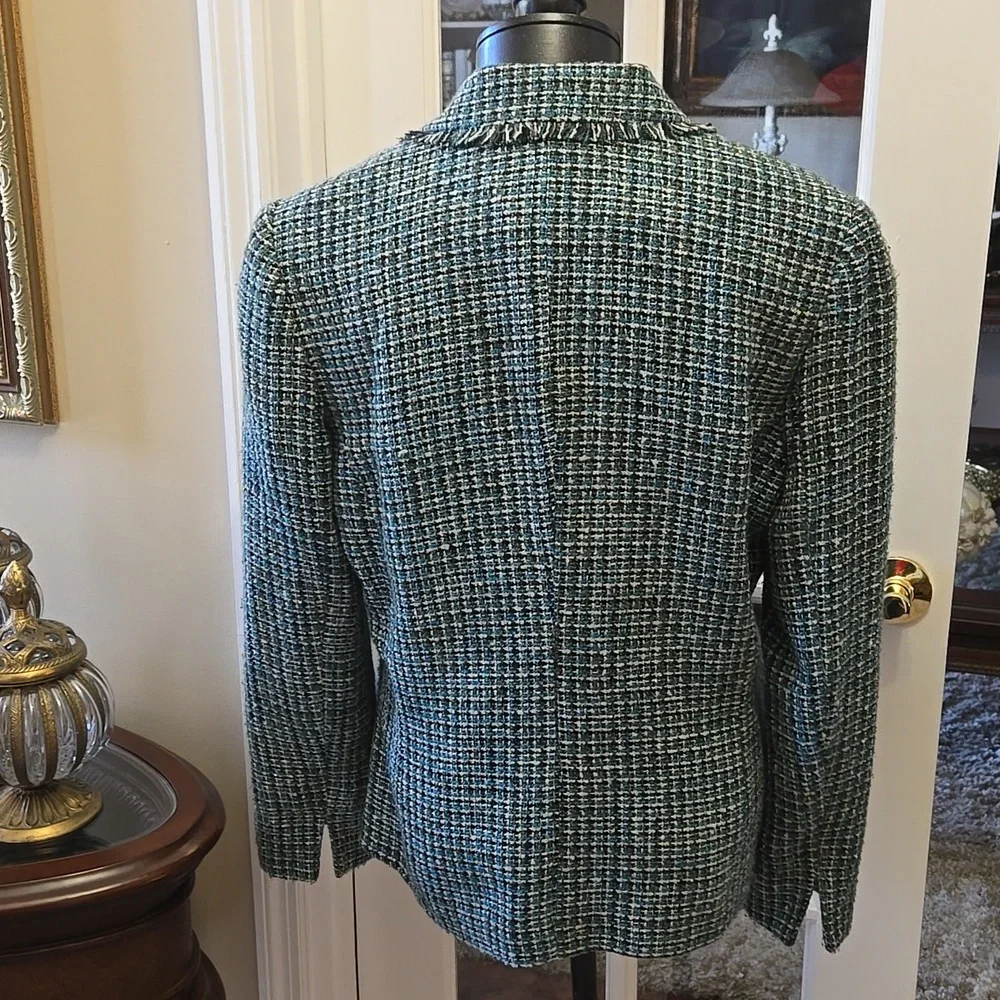 Liz Claiborne Teal Black Gray White Tweed Blazer Fringe Fully Lined 2 Pocket 12